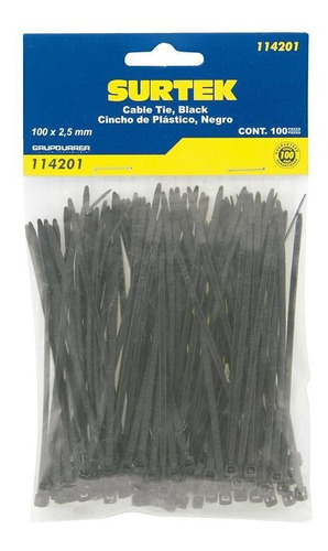 Cincho Plástico 100 X 2.5mm100 Piezas Negro Surtek 114201