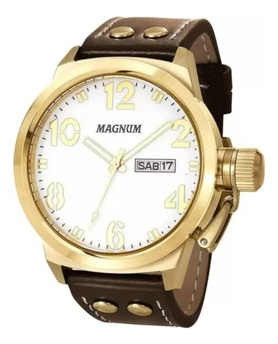 Relógio Magnum Masculino Analógico Dourado Ma32783b Cor da correia Marrom Cor do fundo Branco