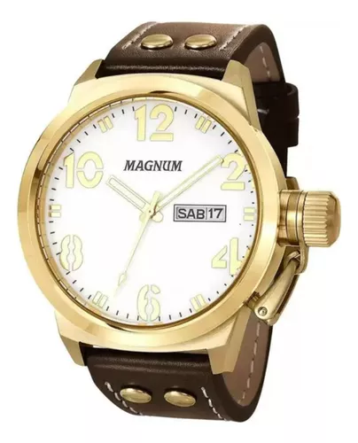 Relógio Masculino Dourado Magnum Pulseira De Couro Cor Da Correia Marrom  Cor Do Fundo Branco