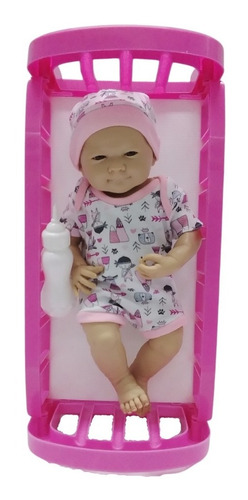 Bebe July Con Cuna Mecedora Muñeca Bebote Articulado Rayito