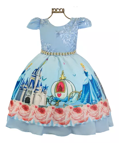 Vestido Fantasia Princesa Cinderela Menina Festa Dama Com Kit Coroa Luva  Varinha