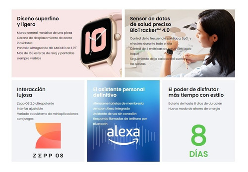Imagen 4 de 9 de Smartwatch Amazfit GTS 4 1.75" caja de policarbonato black, malla misty white de fluoroelastómero y bisel rosa ouro de aleación de aluminio