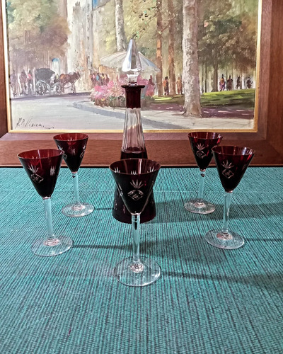 Juego De Botellón Y Copas De Cristal Checoslovaco (Usado)