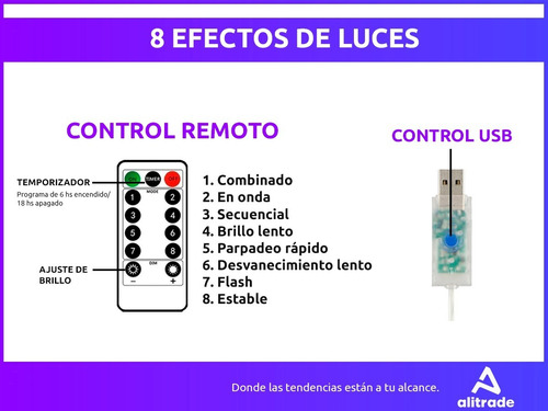 Imagen 5 de 10 de Guirnalda Luces 20 Led Cálidas Color 3 Mts Control 8 Modos