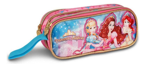 Estojo 2 Divisórias Princesas Mágicas Glitter Rosa Clio
