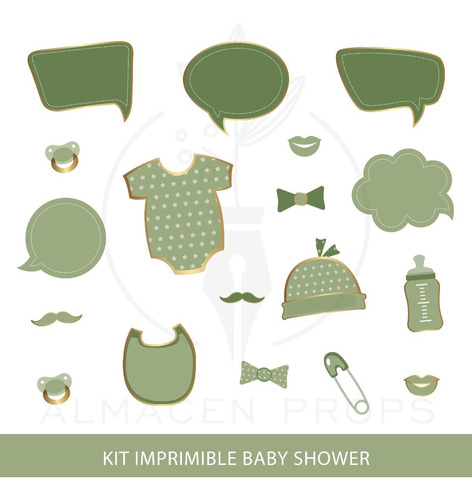 Imprimible Props Cartelitos Baby Shower Verde Oliva Dorado