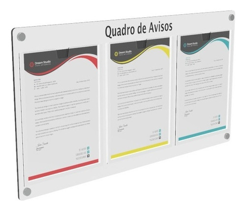 Quadro De Aviso Gestão À Vista C/ 3 Displays Acrílicos P/ A4