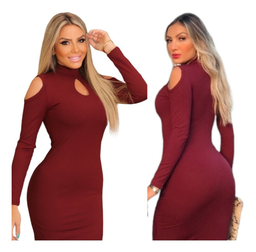 Imagem 4 de 7 de Vestido Manga Longa Tubinho Midi Gola Alta Canelado Gota