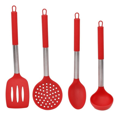 Kit 4 Talheres Silicone Cabo Inox C/ Revestimento Silicone Cor Vermelho