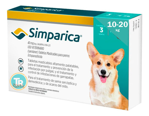 Antiparasitario Simparica 40 Mg 10 A 20 Kg 1 Comprimido - Tr