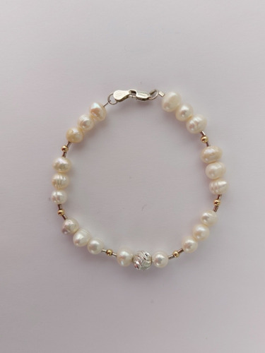 Pulsera Perla Cultivada Con Oro 14k Y Plata 925 Brazalete 