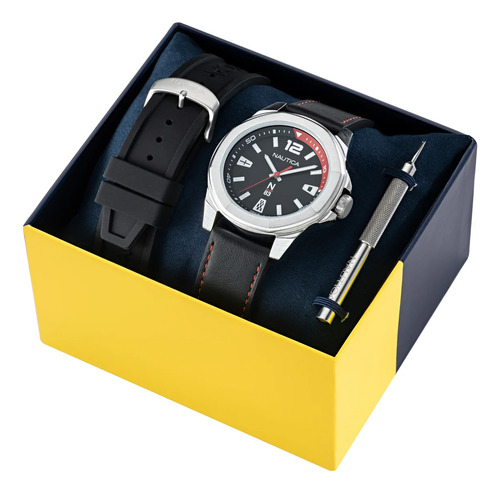 Reloj Nautica N83 Cab Box Set Tortuga Bay Caratula Negra Negro Plateado Negro