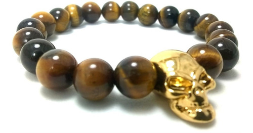 Pulseira Masculina Pedras Olho De Tigre Caveira Ouro Skull