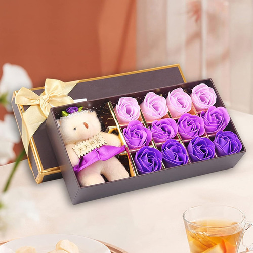 Caja De Para Novia O Mamá Con Oso Y Rosas Aromáticas Color Violeta