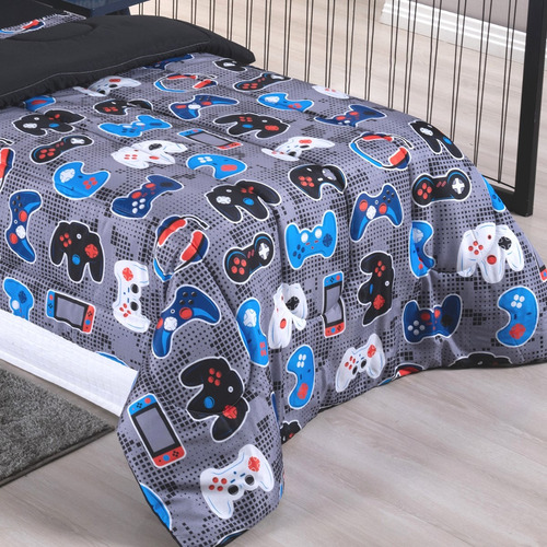 Kit Edredom 3 Peças Infantil Solteiro Game Play 300 Fios Cor Cinza Desenho Do Tecido Astronauta