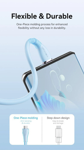 Cabo de carregamento rápido USB C 1m 5a 100w Pd Silicone Vention azul claro