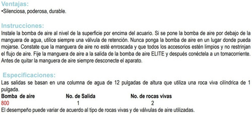 Bomba De Aire Elite 800 Para Acuarios De 40 Litros Peces