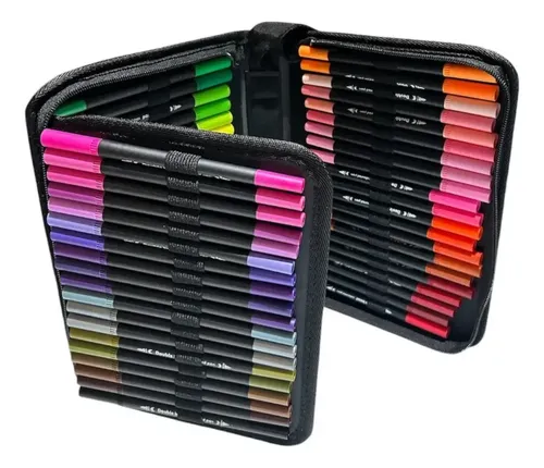 Kit Canetas Dual Brush 168 Cores Ponta Dupla + Estojo Ziper