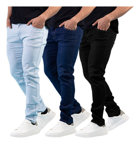 Kit 3 Peças Calça Jeans Sarja Masculina Slim Skinny C Lycra 
