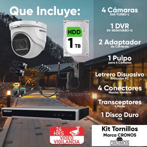 Epcom Kit De 4 Camaras De Seguridad Metalicas Eyeball 8mp Protección Ip66 Para Uso Exterior + Dvr 4ch Turbohd Con Detección De Movimiento Y Salida De Alarma +1tb Hdd Modelo Ev8004e4k-plus+1tb