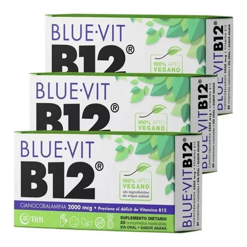 Blue- Vit B12 X 20 Comp. Mast. 100% Vegano Pack X 3 Un