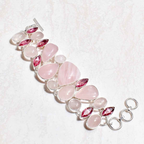 Pulsera Con Bellos Cristales De Cuarzo Rosa Y Baño De Plata 