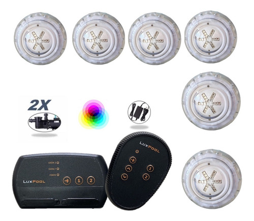 Kit 6 Led 9w P Piscina + Comando Rgb 2 Saídas Auxiliares