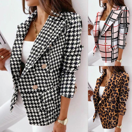 Blazer Doble Botonadura Y Manga Larga Con Elegante Estampado