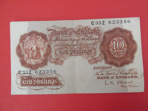 Antiguo Billete Inglaterra 10 Shillings Año 1943 Muy Escaso