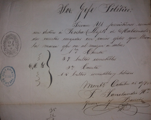 Documento De 1855 Permiso Carretas A Ciudad De Rocha 