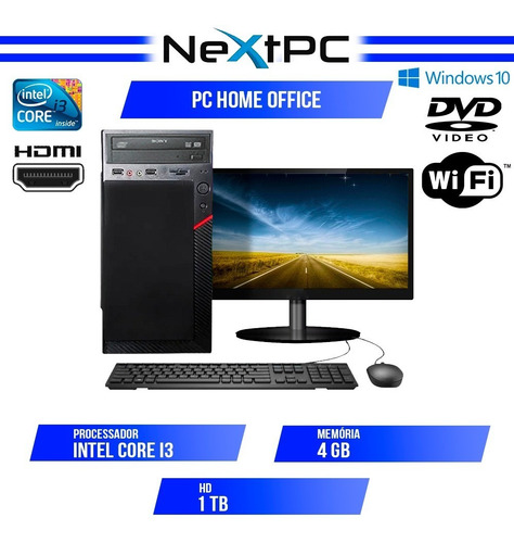 Imagem 1 de 6 de Computador Completo I3 4gb Hd 1tb Monitor 19.5 Wifi Win10