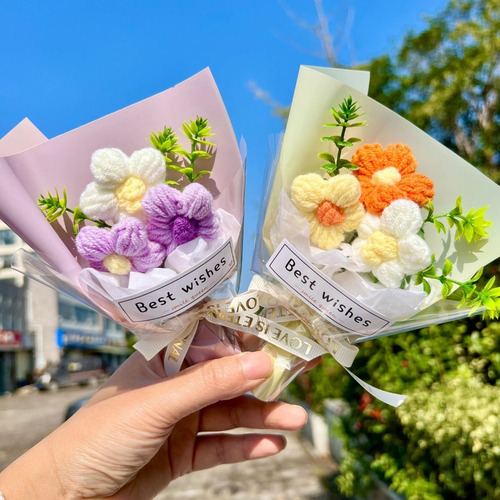 Mini Ramo De Flores Artificiales Tejidas A Mano A Ganchillo