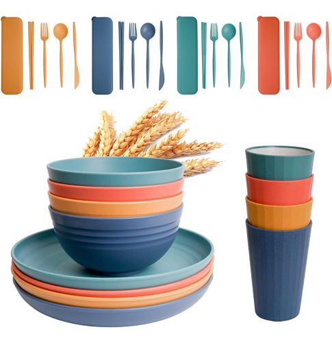Wheat Straw Dinnerware Set - 32 Pcs Plastic Bowls And Plates