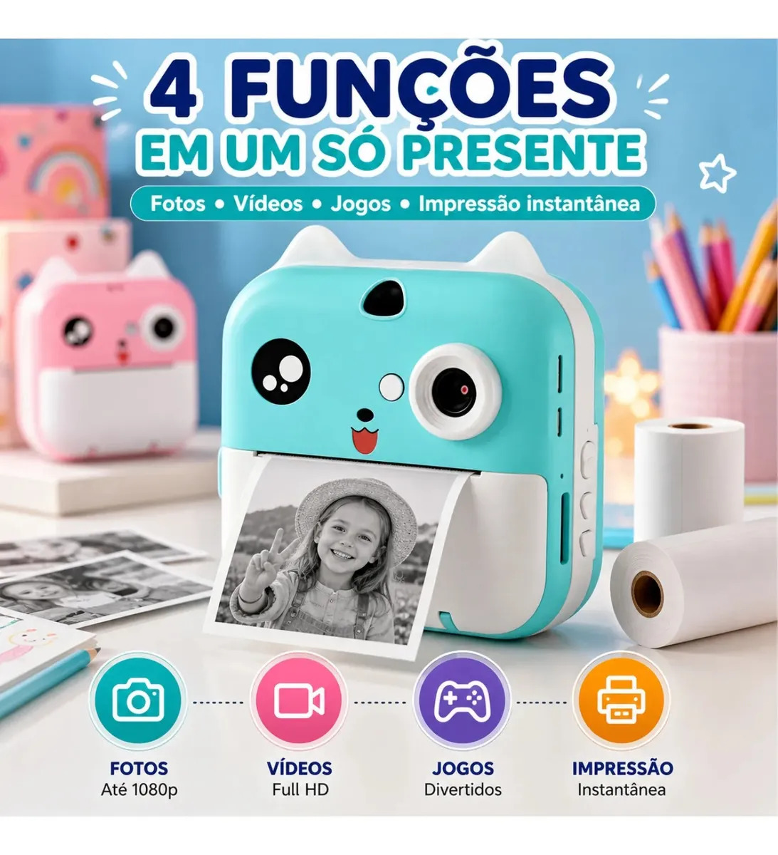 Câmera Infantil Instantânea Full Hd Fotos Jogos Divertidos Cor Azul