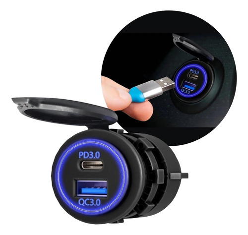 Tomada Carregador Carro Usb Tipo C Pd3.0 Com Led Azul