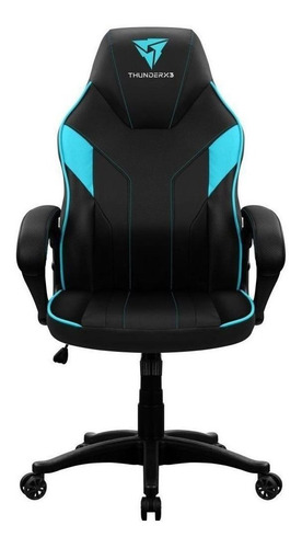 Silla de escritorio ThunderX3 EC1 gamer ergonómica negra y cyan con tapizado de cuero sintético