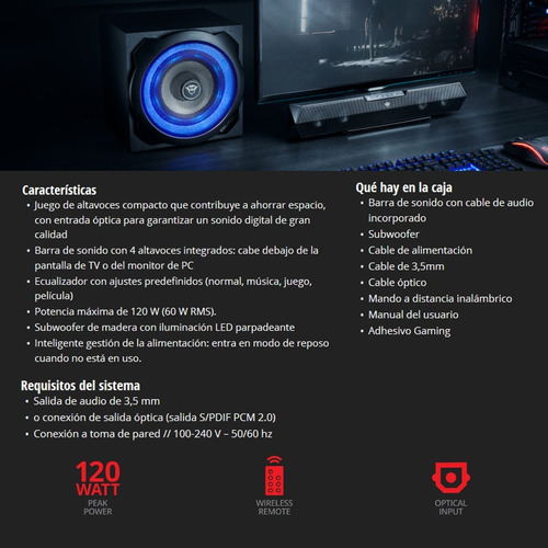 Imagen 5 de 10 de Barra De Sonido / Subwoofer 2.1 Trust Gxt 668 Tytan / Óptico