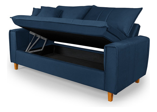 Sofa Living 195cm 3 Lugares Com Bau Tecido Suede Pes Madeira Cor Azul-marinho