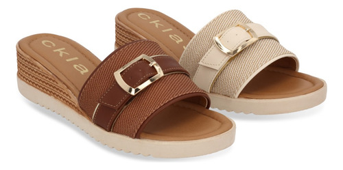 Dúo 658 Sandalia Casual Mujer Miel Y Beige Con Hebilla