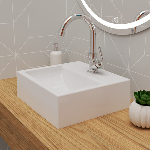 KIT Cuba Pia De Apoio Quadrada 32x30cm Topázio Para Banheiro Com Torneira E Válvula Cromada Beltempo