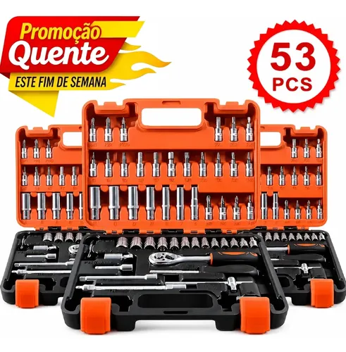 Jogo Soquetes 53 Peças Completo Bits Catraca Kit Ferramentas Laranja