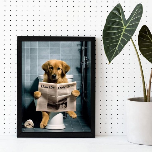 Quadro Cachorro No Banheiro Lendo Jornal 33x24cm - Com Vidro