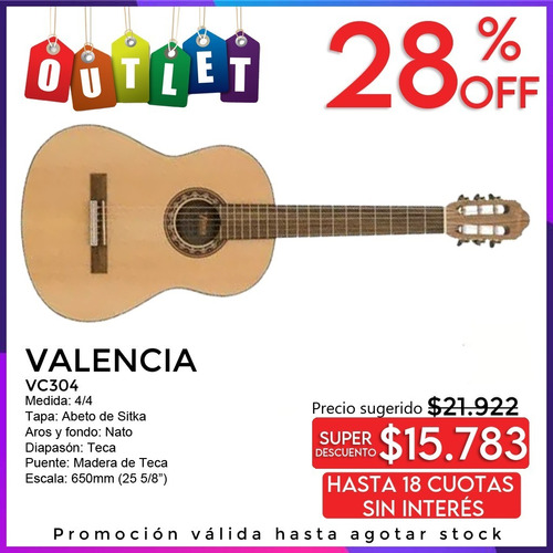 Valencia Vc304 Guitarra Clásica Semi Profesional 4/4 Outlet