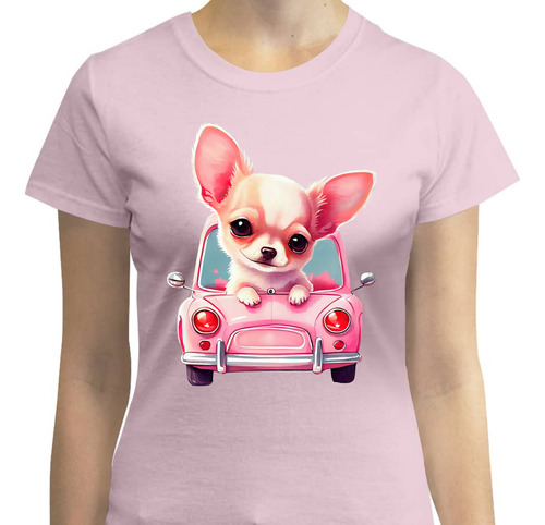 Playera Mujer Con Diseño Perro Chihuahua En Auto