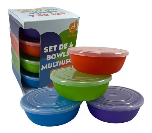 Set 4 Bowls Cocina Multiuso Plástico C/ Tapa Apilables