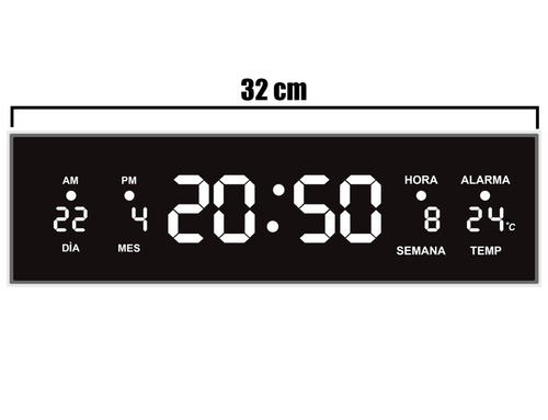 Reloj Digital De Pared Led Blanco Alarma Termómetro 32 X 9 