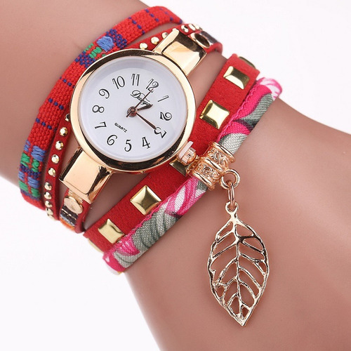 Reloj Brazalete Dije Hoja Oro Pulsera Moda Dama Mujer B114