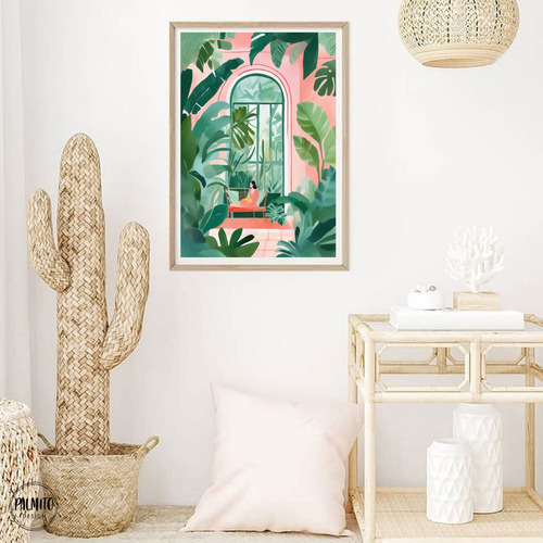 Lámina Decorativa Mujer Jardín Tropical Rosa Plantas Hojas Multicolor Sin Armazón
