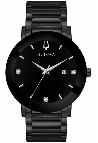 Relógio Bulova Diamond com 3 diamantes Original 98d144 Cor da pulseira: preto, cor da moldura: preto, cor de fundo: preto
