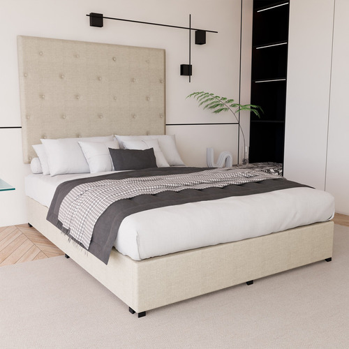 Recamara Cama Cabecera Quintana King Size Madera Tapiz Beige